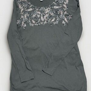 J. Jill Women Small Floral Paisley Embroidered Long Sleeve Tunic Top Olive Green